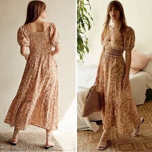 Free People Ellie Printed Maxi Dress Neutral Floral Boho Smocked S